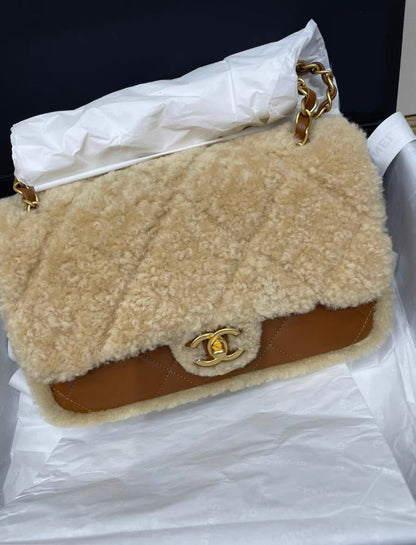 Chanel 24 Flap Bag Shearling Lambskin Gold-Tone Metal Beige Brown Rovelle Bags