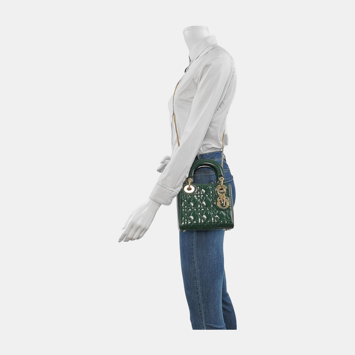 Lady Dior Mini Dark Green Patent Leather Bag with gold hardware Chain Strap Rovelle Bags