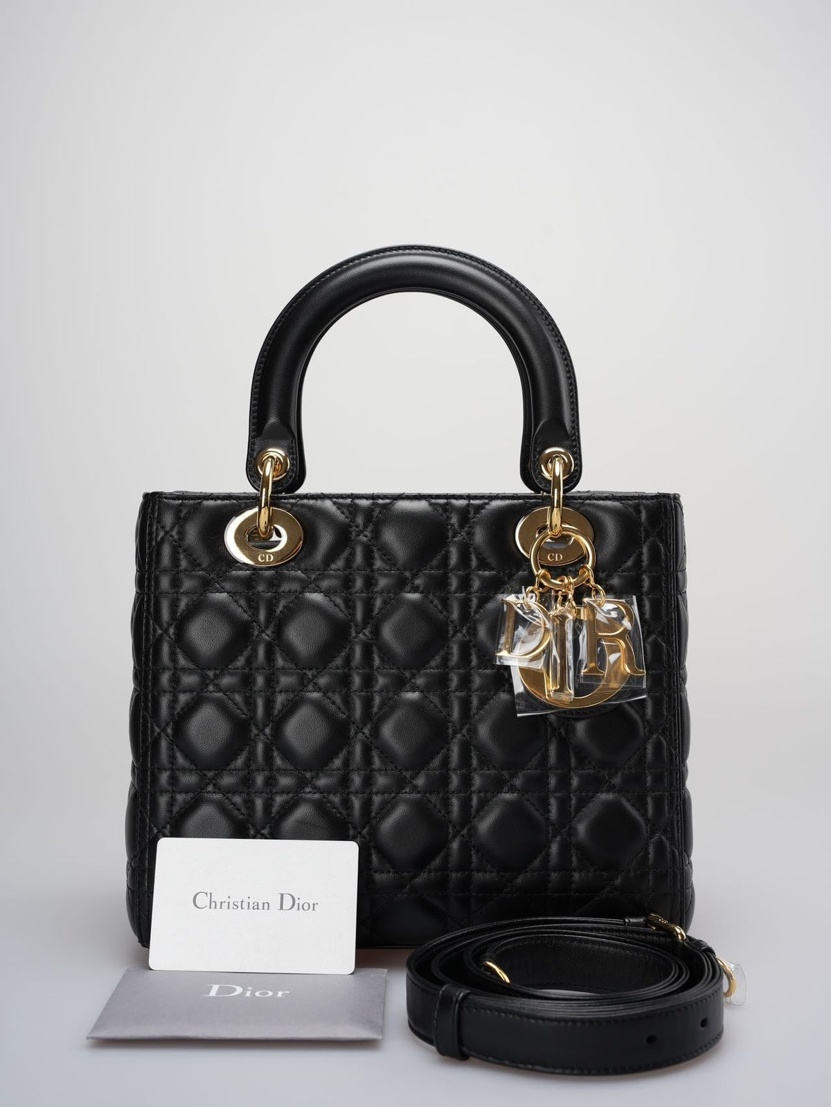 Christian Dior Black Medium Bag In Cannage Lambskin Leather With Gold Hardware Rovelle Bags