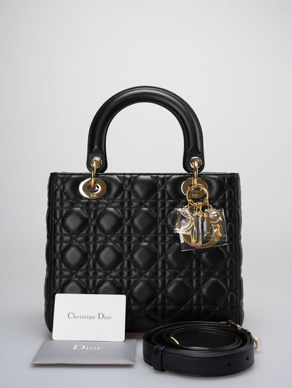 Christian Dior Black Medium Bag In Cannage Lambskin Leather With Gold Hardware Rovelle Bags