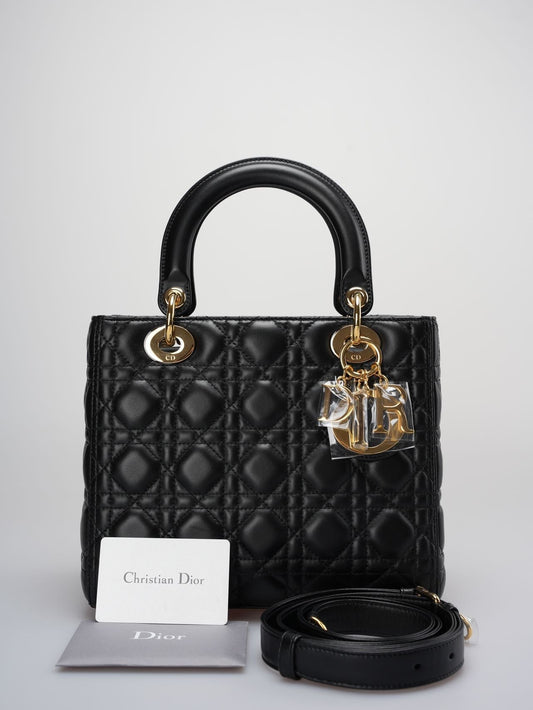 Christian Dior Black Medium Bag In Cannage Lambskin Leather With Gold Hardware Rovelle Bags