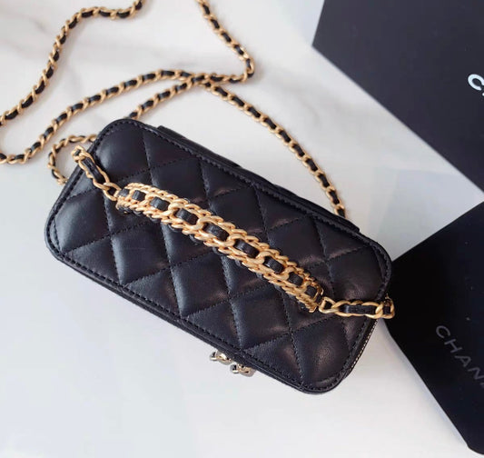 Chanel Mini Vanity Top Handle Case Black Lambskin Brushed Gold Hardware Rovelle Bags