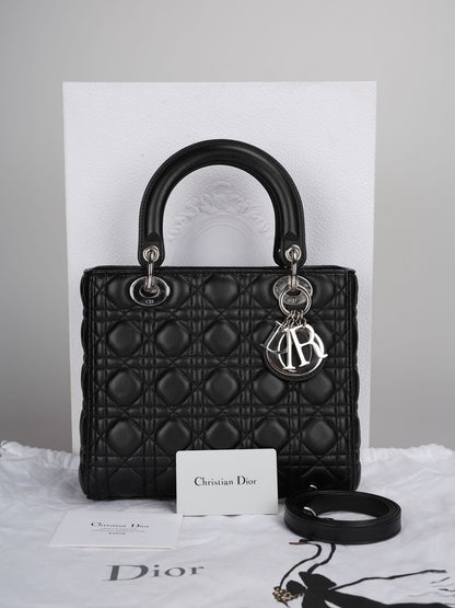 Christian Dior Black Medium Lady Dior Bag In Cannage Lambskin Leather With Silver Hardware Rovelle Bags