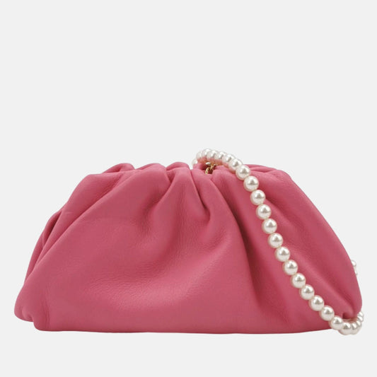 Bottega Veneta Pouch Super Mini Pink Calfskin Leather Crossbody Bag Pearl Chains
