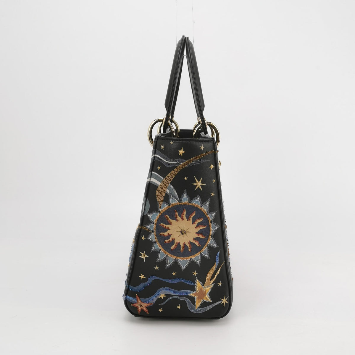 Lady Dior Medium Nature Ballet Star Embroidery Handbag Black Calfskin Leather Gold Hardware Rovelle Bags