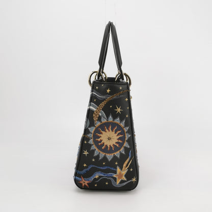 Lady Dior Medium Nature Ballet Star Embroidery Handbag Black Calfskin Leather Gold Hardware Rovelle Bags