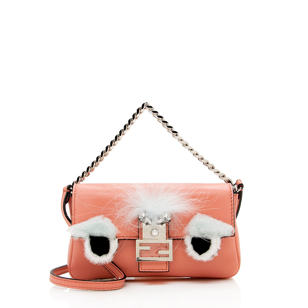 Fendi Nappa Leather Fox Fur Crystal Micro Buggie Baguette Bag (SHF-13762) Rovelle Bags