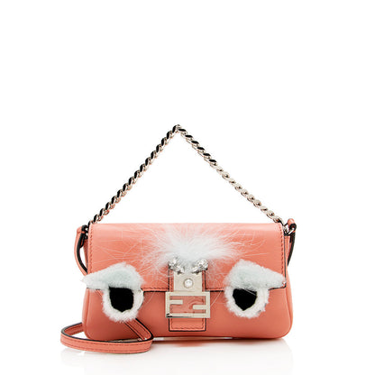 Fendi Nappa Leather Fox Fur Crystal Micro Buggie Baguette Bag (SHF-13762) Rovelle Bags