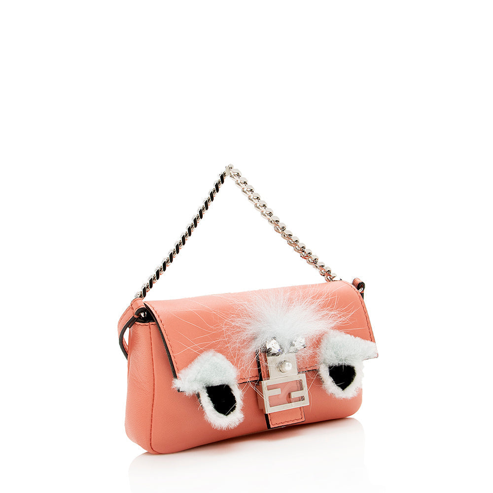 Fendi Nappa Leather Fox Fur Crystal Micro Buggie Baguette Bag (SHF-13762) Rovelle Bags