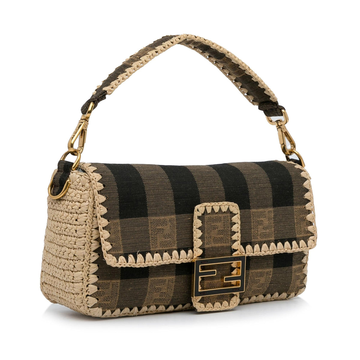 Fendi Pequin Canvas and Raffia Baguette (SHG-LMio6U) Rovelle Bags