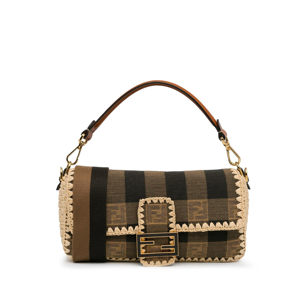 Fendi Pequin Gingham Canvas And Raffia Baguette Satchel (SHG-mQy3HF) Rovelle Bags