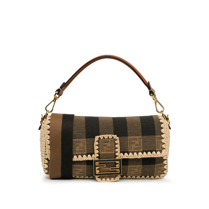 Fendi Pequin Gingham Canvas And Raffia Baguette Satchel (SHG-mQy3HF) Rovelle Bags