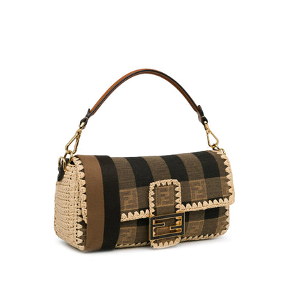 Fendi Pequin Gingham Canvas And Raffia Baguette Satchel (SHG-mQy3HF) Rovelle Bags