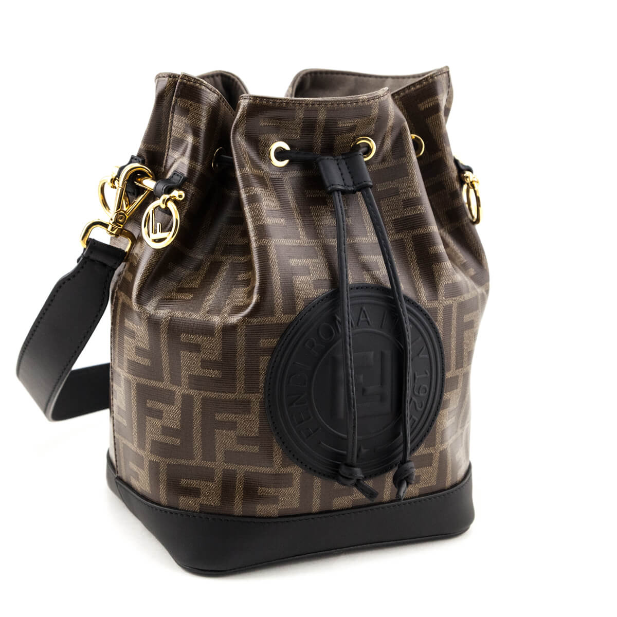 Fendi Black & Glazed Fabric FF 1974 Stamp Patch Small Mon Tresor Bucket Bag Rovelle Bags