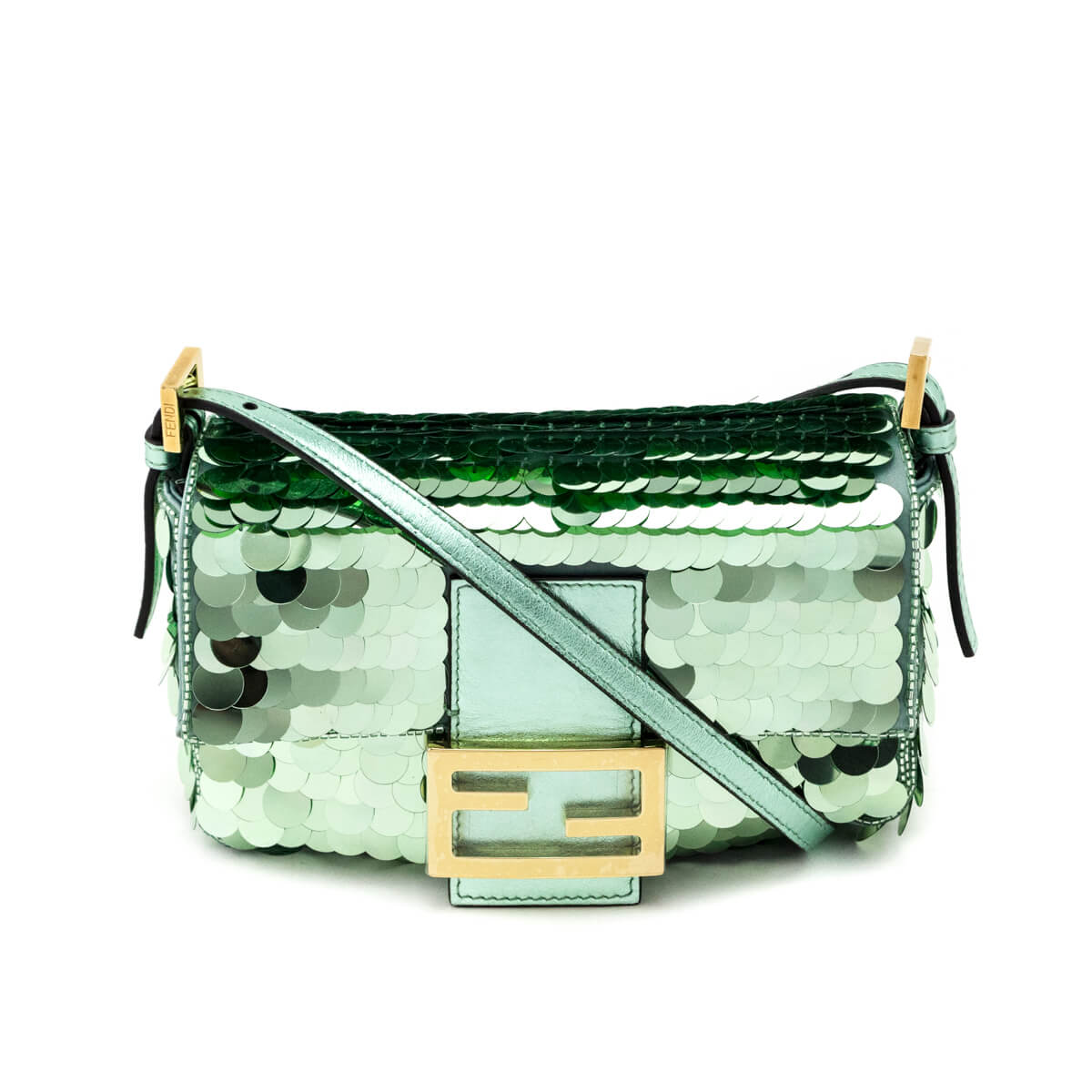 Fendi Light Green Satin Sequin Paillettes Shiny Nappa Mini Baguette 1997 Rovelle Bags