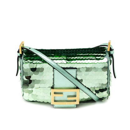 Fendi Light Green Satin Sequin Paillettes Shiny Nappa Mini Baguette 1997 Rovelle Bags