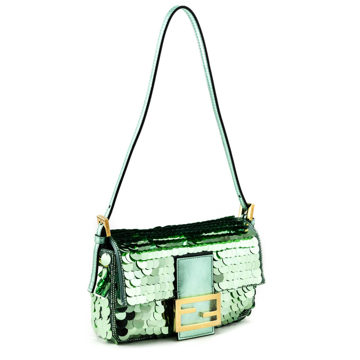 Fendi Light Green Satin Sequin Paillettes Shiny Nappa Mini Baguette 1997 Rovelle Bags
