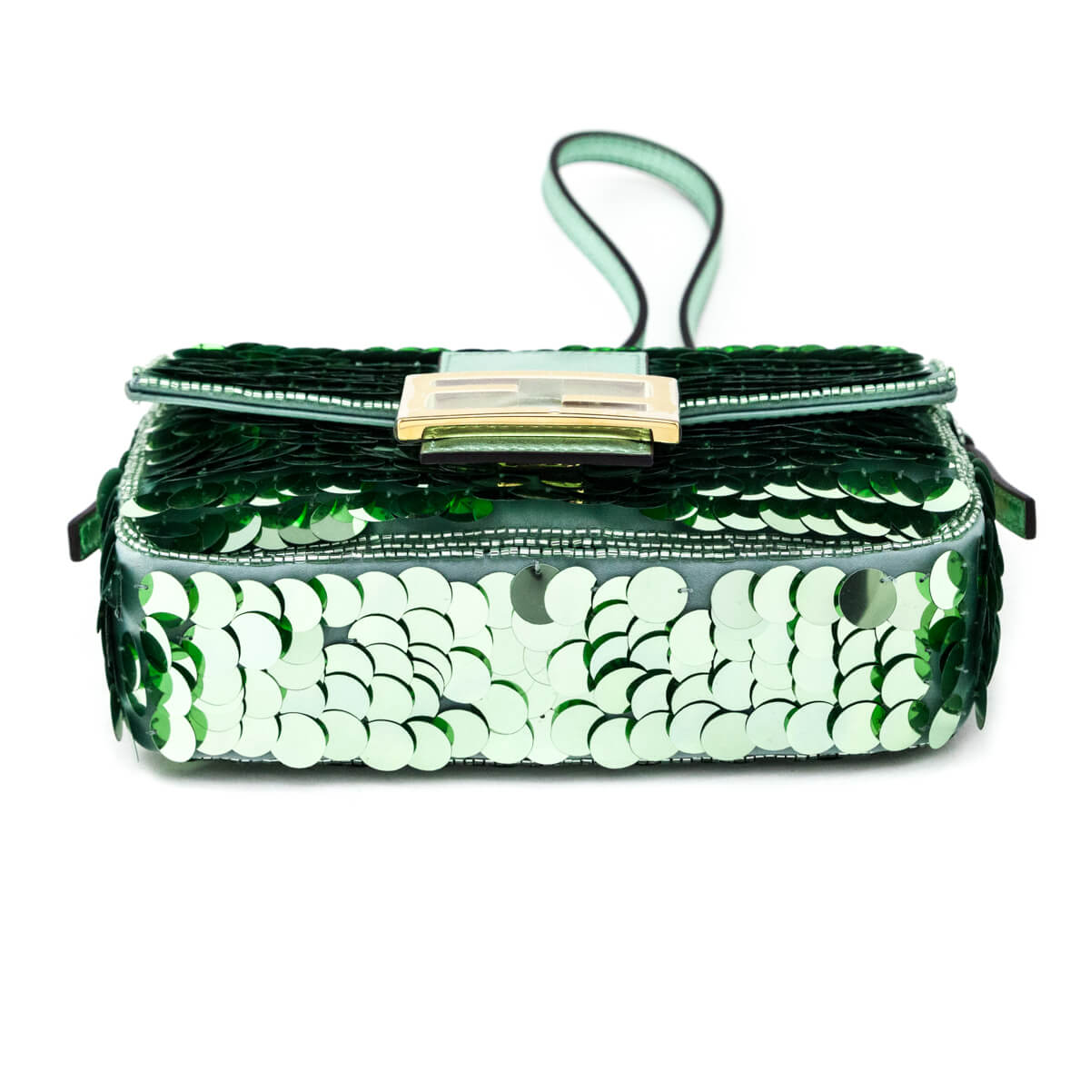 Fendi Light Green Satin Sequin Paillettes Shiny Nappa Mini Baguette 1997 Rovelle Bags