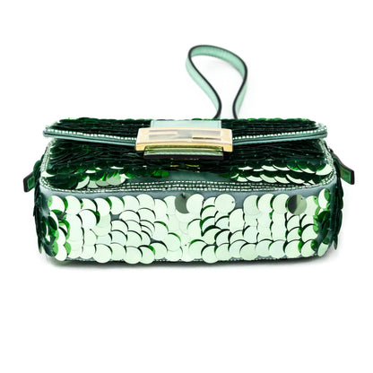 Fendi Light Green Satin Sequin Paillettes Shiny Nappa Mini Baguette 1997 Rovelle Bags