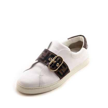 Fendi White Leather Signature Zucca Buckled Low Top Sneakers Size 9.5 | EU 39.5 Rovelle Bags