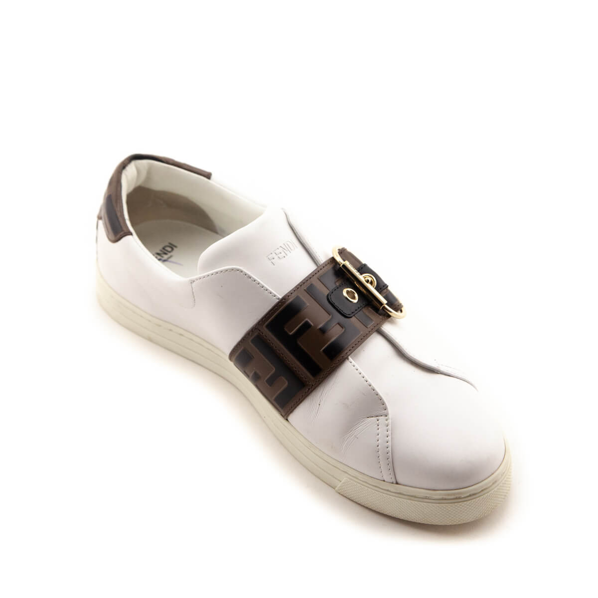 Fendi White Leather Signature Zucca Buckled Low Top Sneakers Size 9.5 | EU 39.5 Rovelle Bags