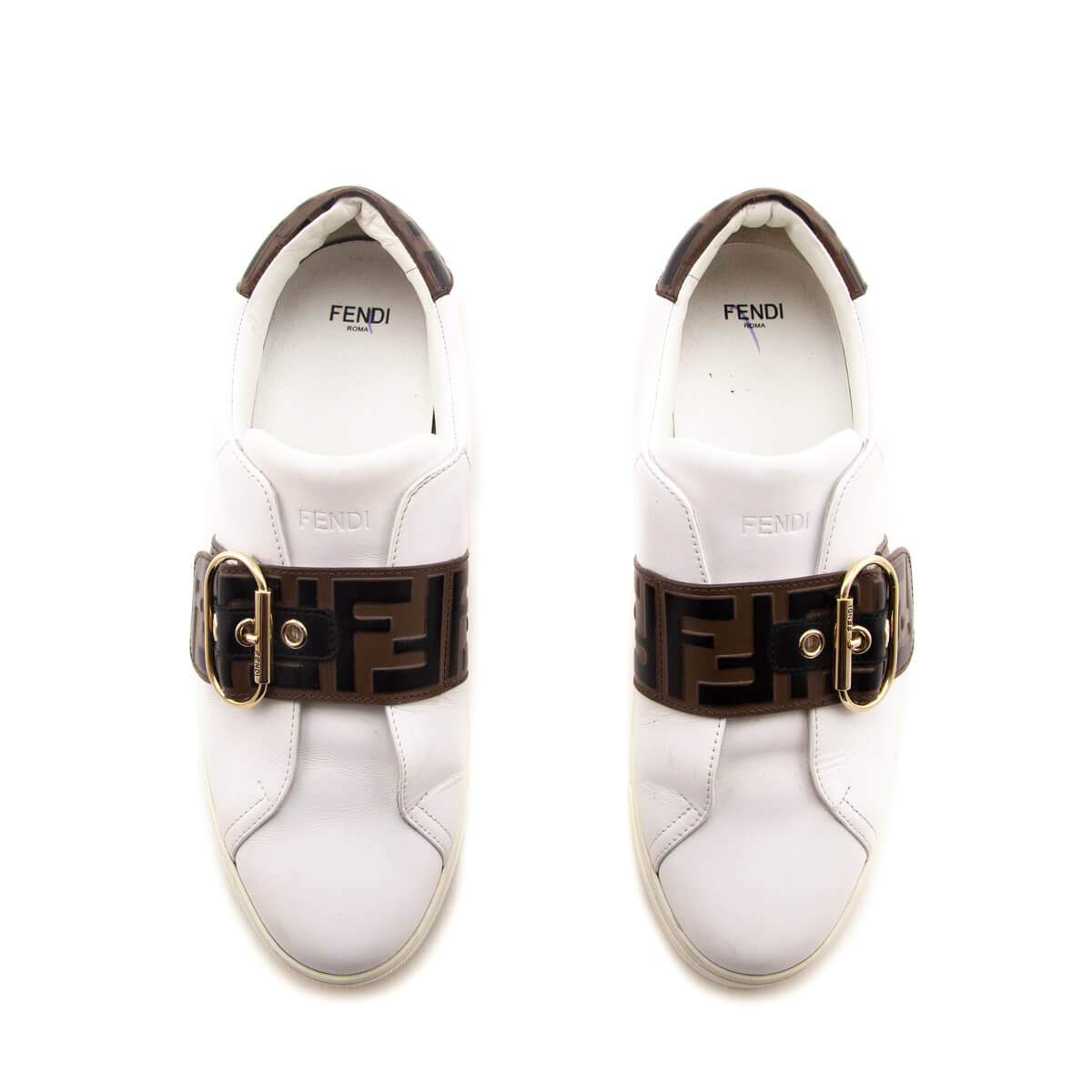 Fendi White Leather Signature Zucca Buckled Low Top Sneakers Size 9.5 | EU 39.5 Rovelle Bags