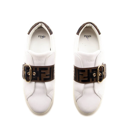 Fendi White Leather Signature Zucca Buckled Low Top Sneakers Size 9.5 | EU 39.5 Rovelle Bags