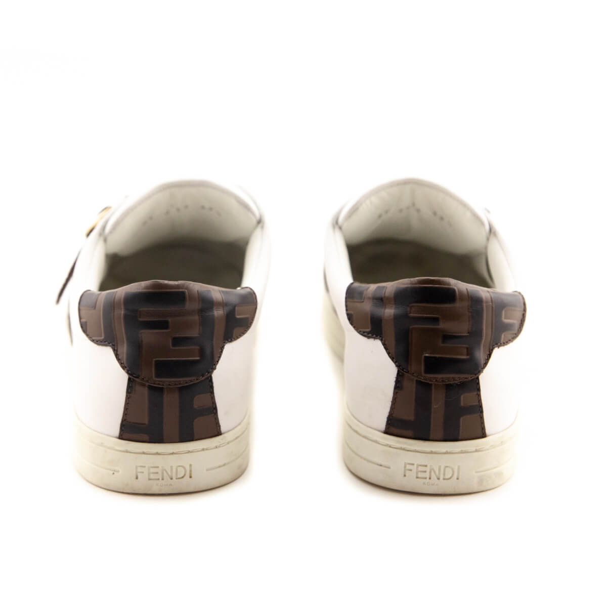 Fendi White Leather Signature Zucca Buckled Low Top Sneakers Size 9.5 | EU 39.5 Rovelle Bags