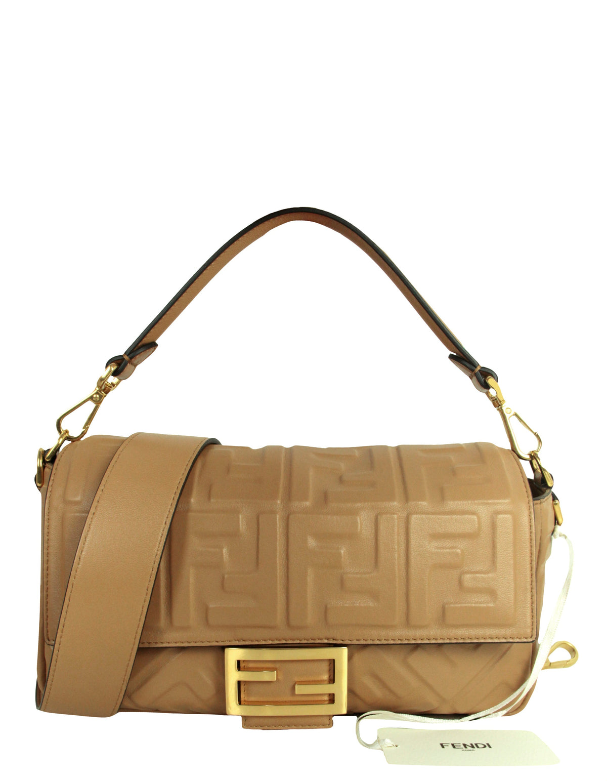 Fendi NWT Beige Embossed Logo FF 1974 Large Baguette NM Bag w/ Two Straps Rovelle Bags