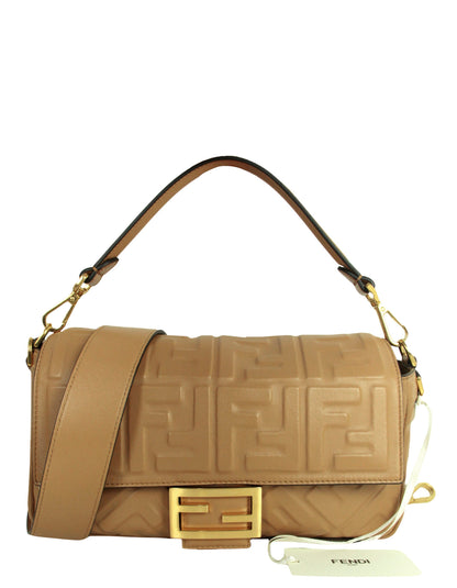 Fendi NWT Beige Embossed Logo FF 1974 Large Baguette NM Bag w/ Two Straps Rovelle Bags