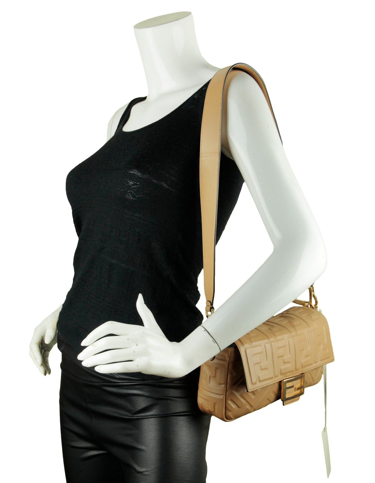 Fendi NWT Beige Embossed Logo FF 1974 Large Baguette NM Bag w/ Two Straps Rovelle Bags