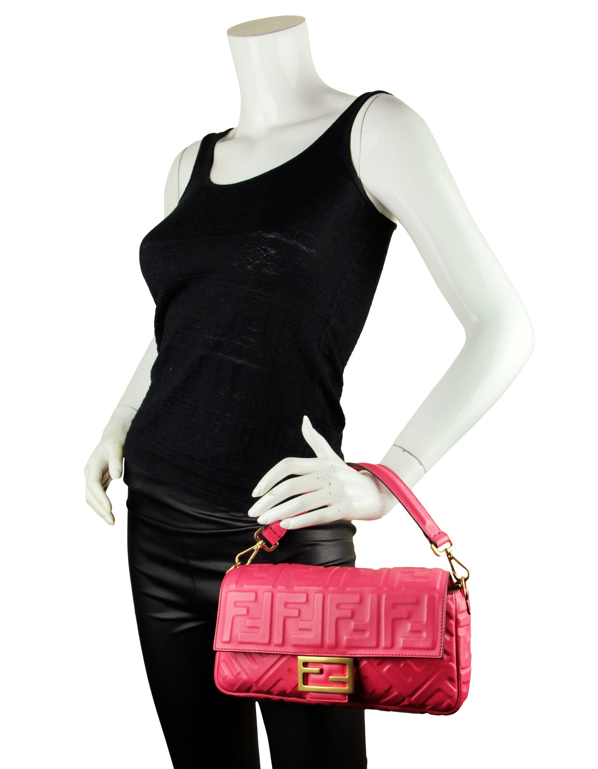 Fendi Pink Nappa Embossed Logo FF 1974 Large Baguette NM Bag w/ Two Straps Rovelle Bags