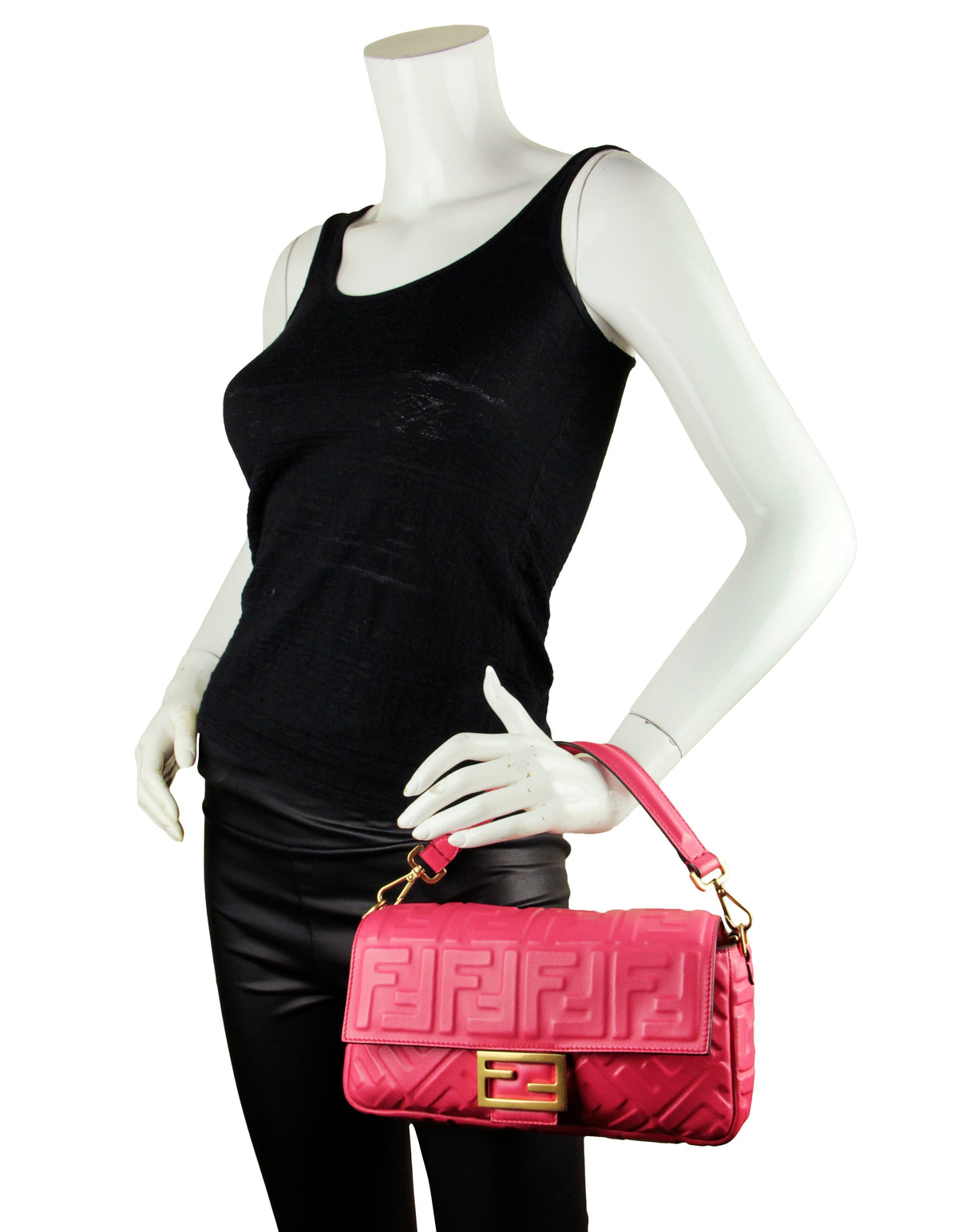 Fendi Pink Nappa Embossed Logo FF 1974 Large Baguette NM Bag w/ Two Straps Rovelle Bags