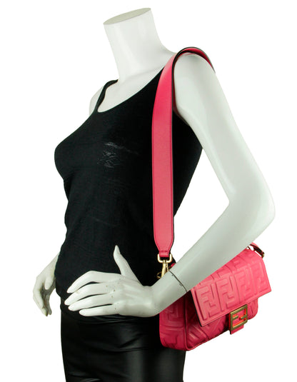 Fendi Pink Nappa Embossed Logo FF 1974 Large Baguette NM Bag w/ Two Straps Rovelle Bags