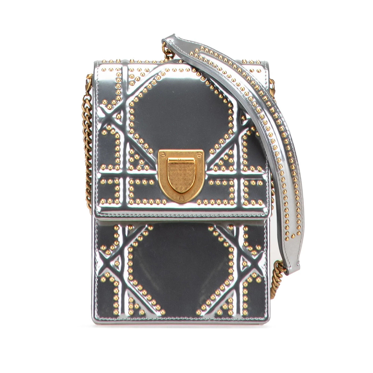 Silver Dior Metallic Studded Calfskin Vertical Diorama Crossbody Bag Rovelle Bags