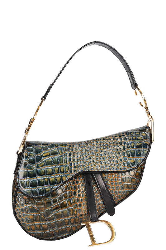 Christian Dior Saddle Bag Croc Embossed Emerald Rovelle Bags