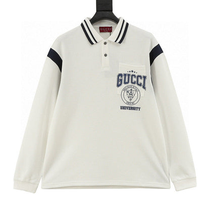 Gucci Letter-Embroidered Long-Sleeve Polo Shirt