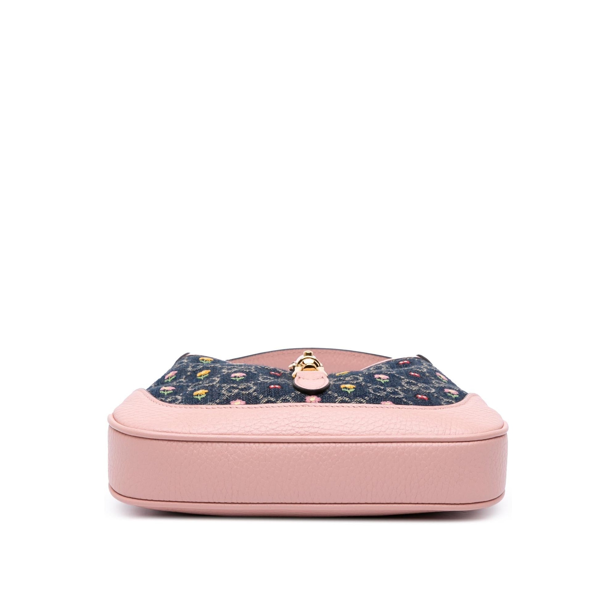 Gucci Limited Edition Mini GG Denim Embroidered Floral Jackie 1961 Crossbody Rovelle Bags