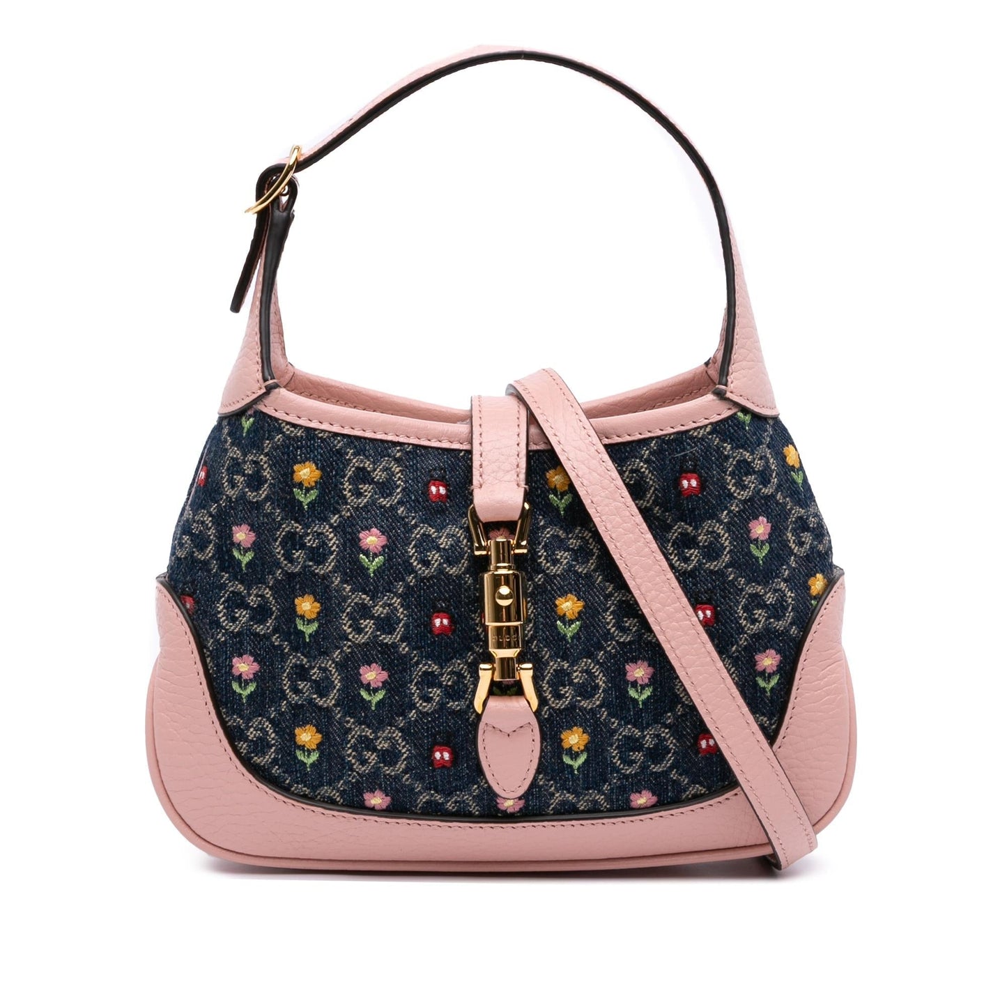 Gucci Limited Edition Mini GG Denim Embroidered Floral Jackie 1961 Crossbody Rovelle Bags