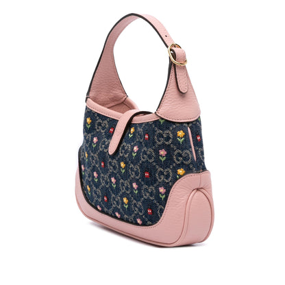 Gucci Limited Edition Mini GG Denim Embroidered Floral Jackie 1961 Crossbody Rovelle Bags