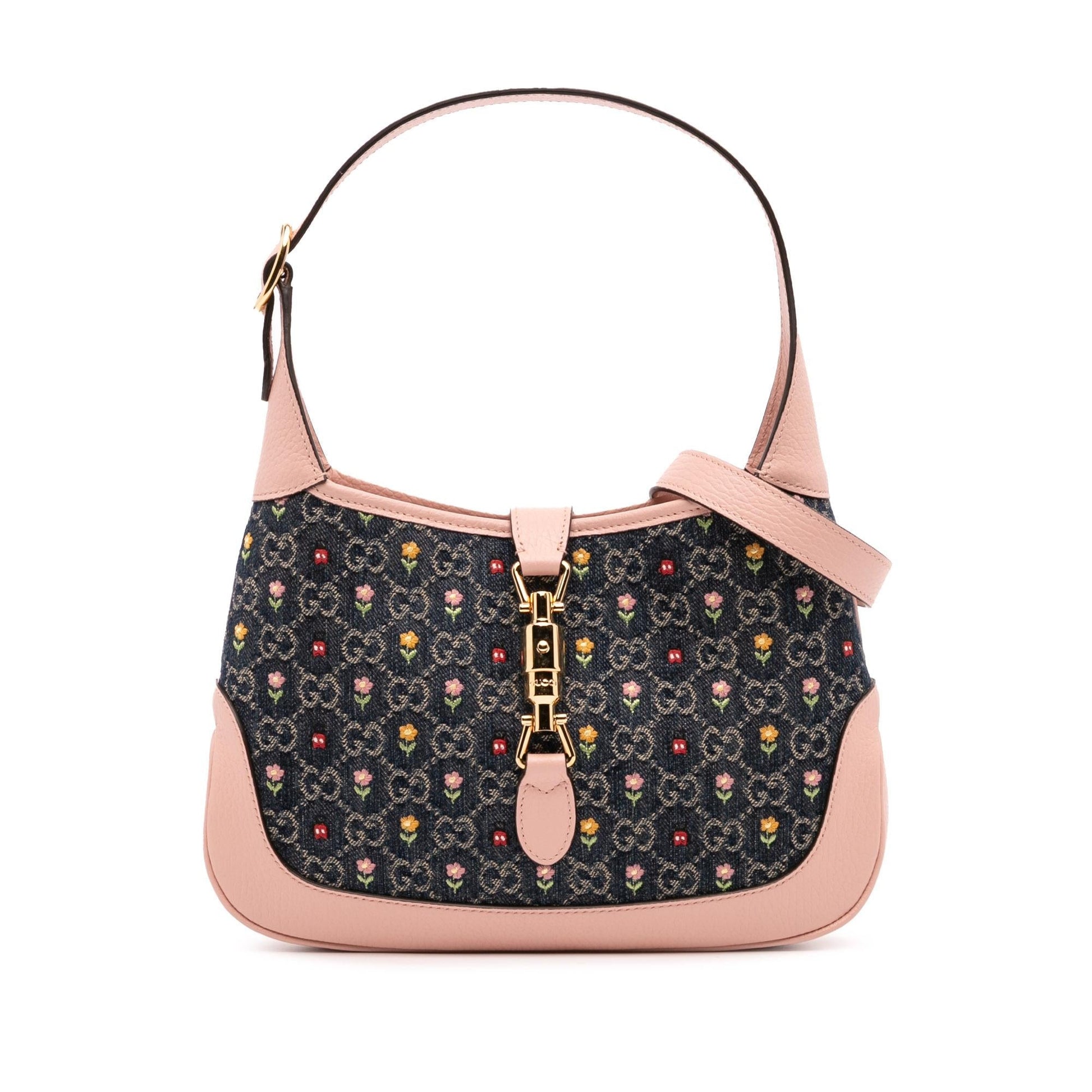Gucci Limited Edition Small GG Embroidered Denim Floral Jackie 1961 Crossbody Rovelle Bags