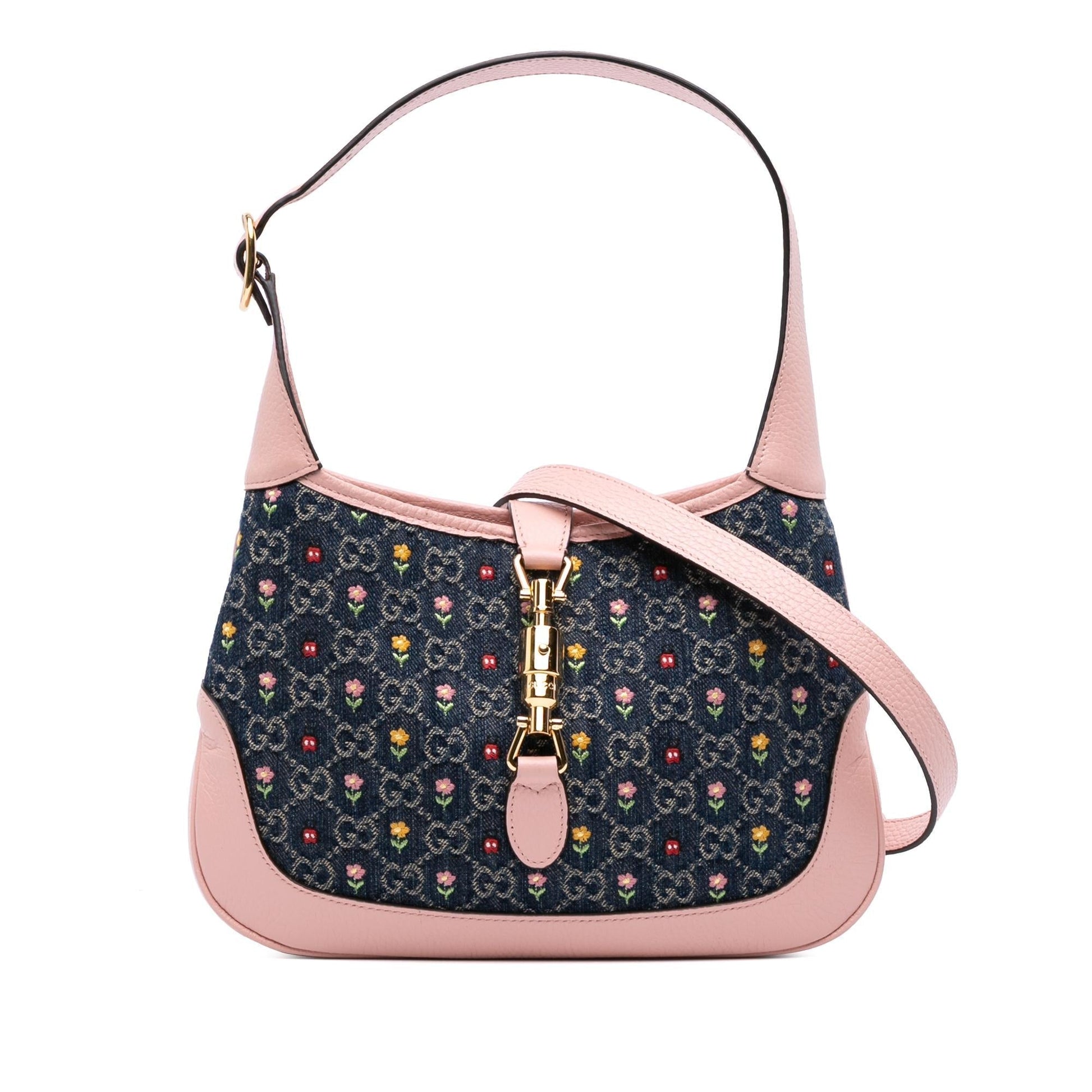 Gucci Limited Edition Small GG Embroidered Denim Floral Jackie 1961 Crossbody Rovelle Bags