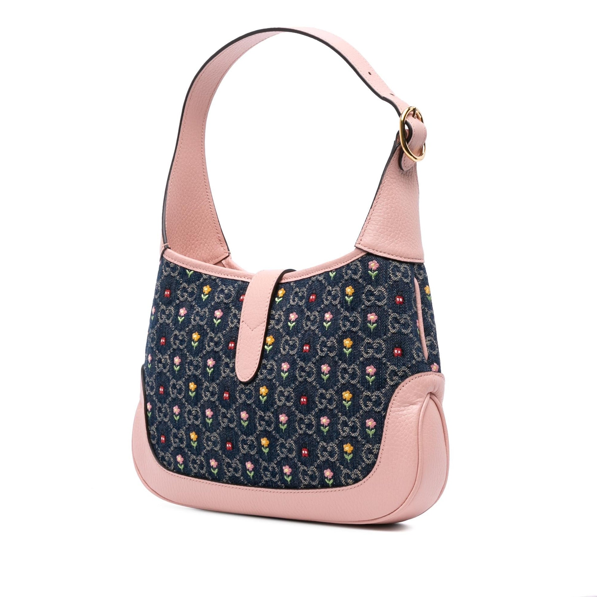 Gucci Limited Edition Small GG Embroidered Denim Floral Jackie 1961 Crossbody Rovelle Bags