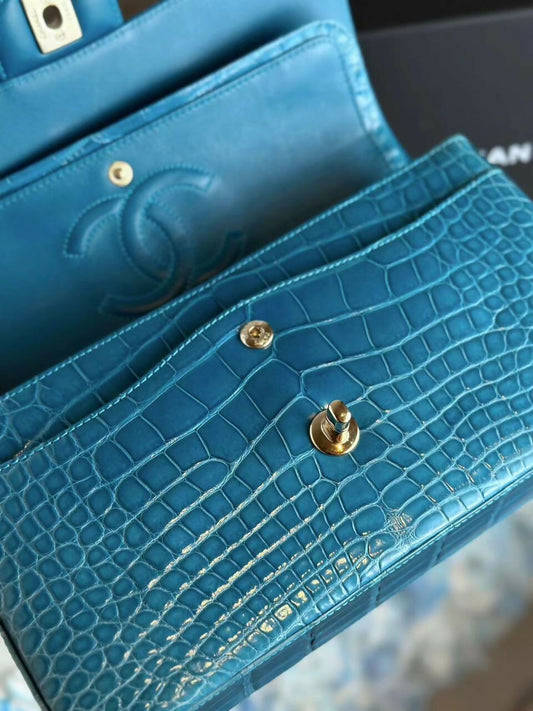 Chanel Medium Turquoise Crocodile Classic Flap Bag Rovelle Bags