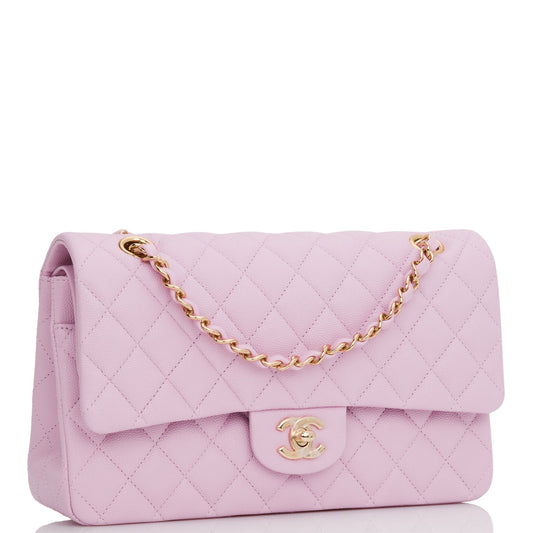 Chanel Medium Classic Double Flap Bag Rose Clair Caviar Light Gold Hardware Rovelle Bags