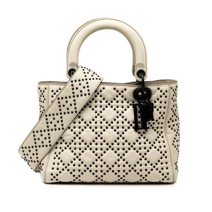 White Dior Medium Lambskin Cannage Studded Supple Lady Dior Satchel Rovelle Bags