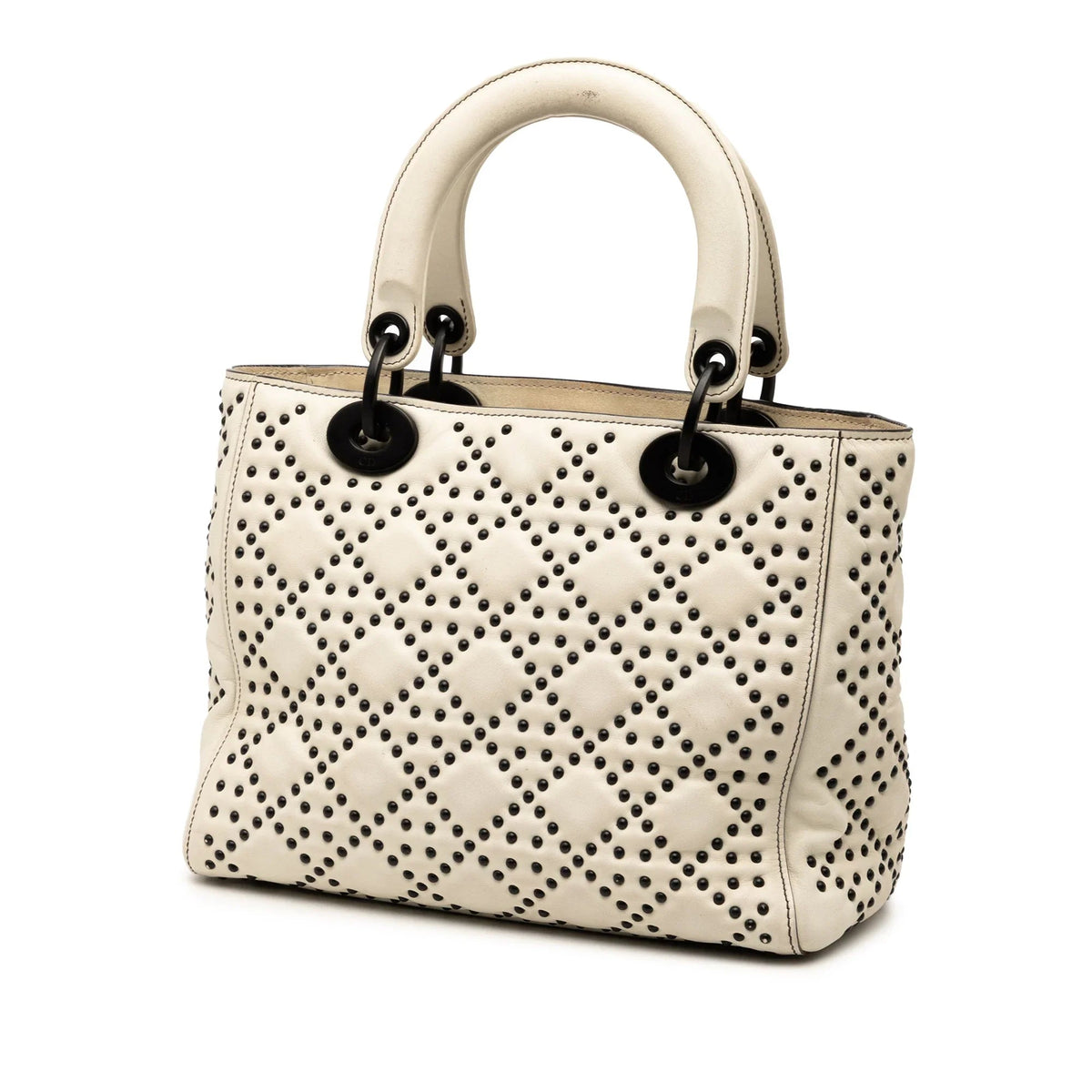 White Dior Medium Lambskin Cannage Studded Supple Lady Dior Satchel Rovelle Bags
