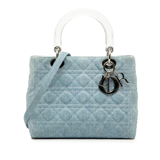 Blue Dior Medium Denim Cannage Acrylic Handles Lady Dior Satchel Rovelle Bags