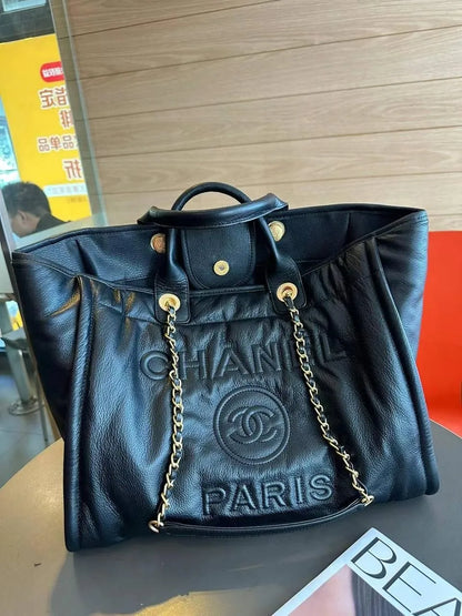 Chanel Calfskin & Gold-Tone Chain | Logo Metal Black Small Tote Bag