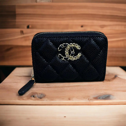 Chanel Monogram Caviar Zip Black Wallet